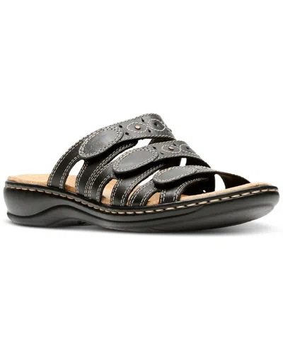 Clarks Leisa Cacti Q Triple Strap Slide Sandals In Black Leather