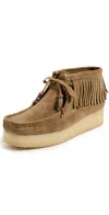 Clarks Wallabee Wedge Fringe Boots Light Tan Suede In Multi