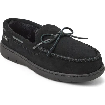 Clarksr Clarks(r) Genuine Cow Suede Moccasin With Leather Lacing And Tipped Faux Fur Slippers In Black