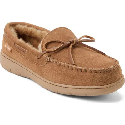 Clarksr Clarks(r) Genuine Cow Suede Moccasin With Leather Lacing And Tipped Faux Fur Slippers In Cinnamon