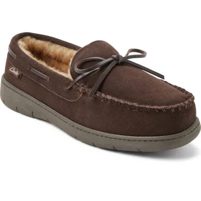 Clarksr Clarks(r) Genuine Cow Suede Moccasin With Leather Lacing And Tipped Faux Fur Slippers In Dark Brown