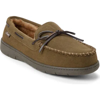 Clarksr Clarks(r) Genuine Cow Suede Moccasin With Leather Lacing And Tipped Faux Fur Slippers In Sage