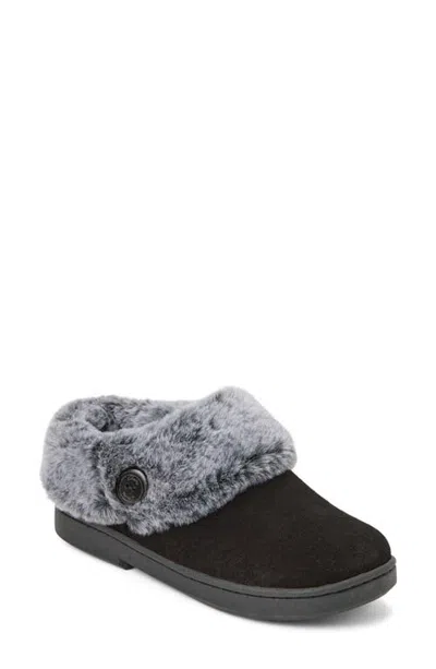 Clarksr Clarks(r) Suede Clog With Tipped Faux Fur Cuff & Button Detail Slippers In Black