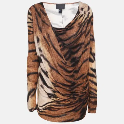 Class By Roberto Cavalli Beige Animal Print Knit Draped Top In Brown
