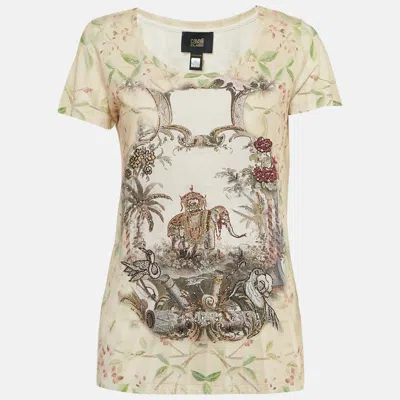 Class By Roberto Cavalli Beige Printed Jersey Beads Embellished T-shirt In Neutral