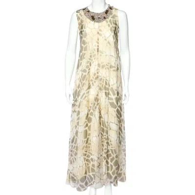 Class By Roberto Cavalli Beige Printed Silk Chiffon Embellished Neck Detail Sleeveless Dress In Gold