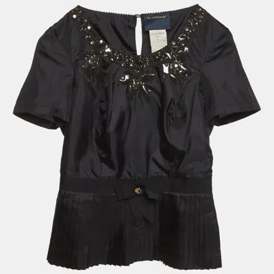 Pre-owned Class By Roberto Cavalli Black Bead Embellished Synthetic Pleated Top M