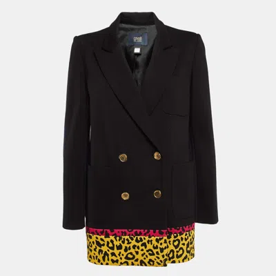 Pre-owned Class By Roberto Cavalli Black Contrast Leopard Print Stretch Crepe Blazer S