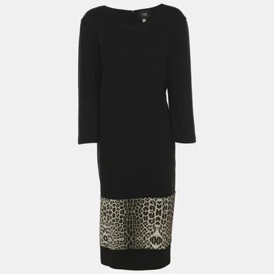 Class By Roberto Cavalli Black Jersey Leopard Print Details Long Sleeve Midi