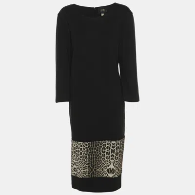 Pre-owned Class By Roberto Cavalli Black Jersey Leopard Print Details Long Sleeve Midi Dress