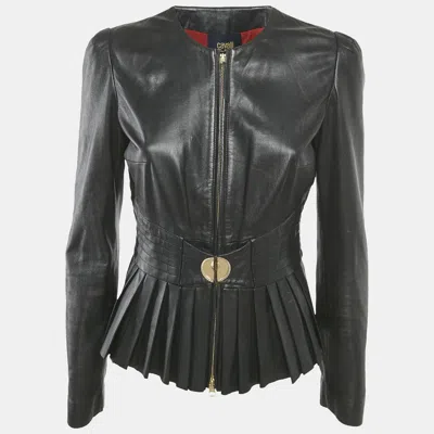 Pre-owned Class By Roberto Cavalli Black Leather Pleated Jacket M