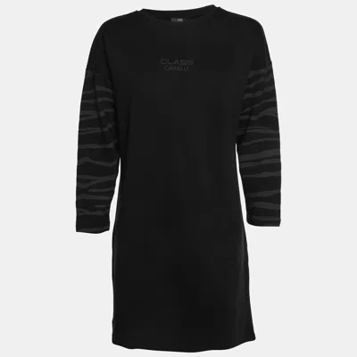 Pre-owned Class By Roberto Cavalli Black Logo Print Jersey Mini Dress M