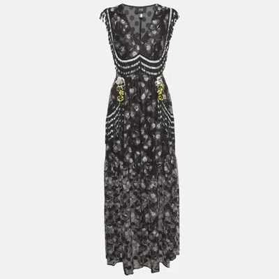 Pre-owned Class By Roberto Cavalli Black Mesh Floral Print Fringed Maxi Dress M