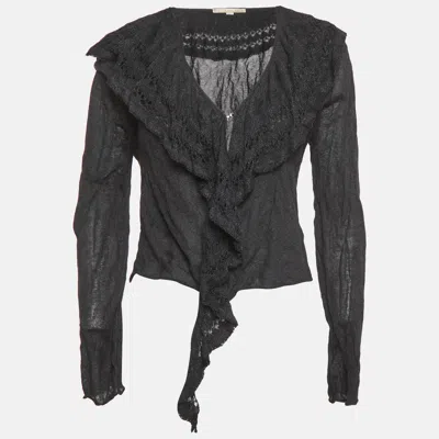 Pre-owned Class By Roberto Cavalli Black Metallic Lurex Knit Ruffle Cardigan L