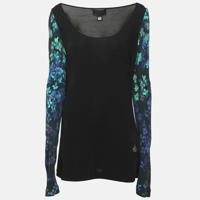 Pre-owned Class By Roberto Cavalli Black Multicolor Printed Sleeve Jersey Blouse L