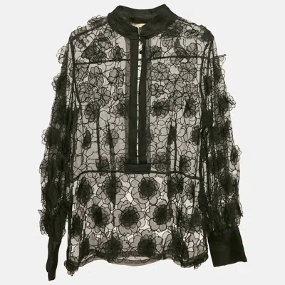 Class By Roberto Cavalli Black Organza Floral Applique And Cut-out Sheer Blouse