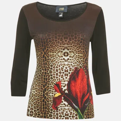 Class By Roberto Cavalli Black Printed Jersey Long Sleeve Top In Brown