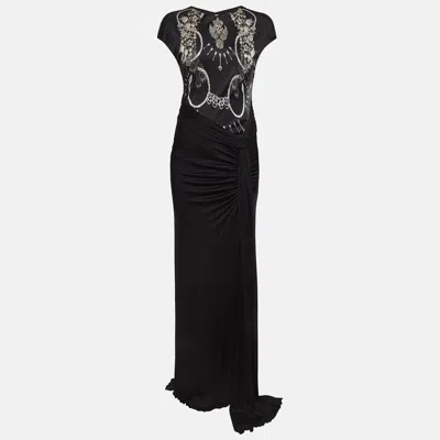 Pre-owned Class By Roberto Cavalli Black Printed Jersey Ruched Sleeveless Maxi Dress M