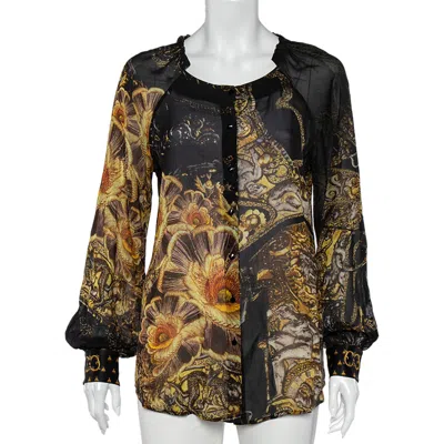 Class By Roberto Cavalli Black Printed Silk Ruffled Neck Button Front Top