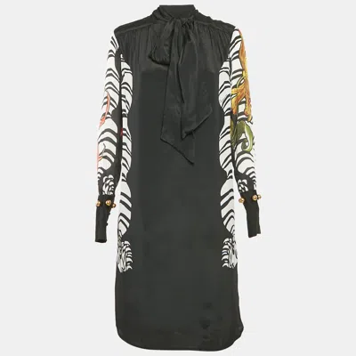 Pre-owned Class By Roberto Cavalli Black Printed Tie-up Neck Midi Dress M
