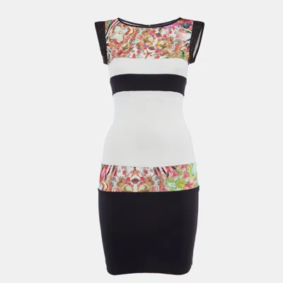 Class By Roberto Cavalli Black /white Floral Print Jersey Mesh Detail Mini Dress In Multi
