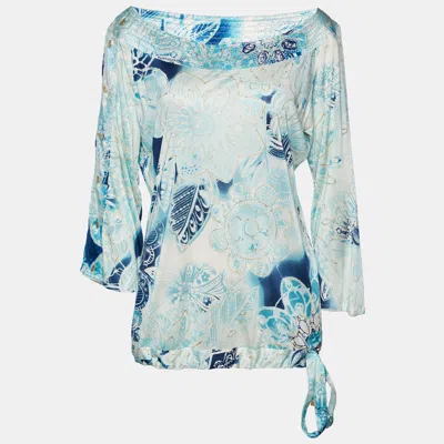 Class By Roberto Cavalli Blue Printed Jersey Waist Tie Detail Top