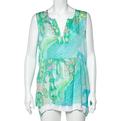 Class By Roberto Cavalli Blue Printed Silk Rib Knit Trim Detailed Top In Green
