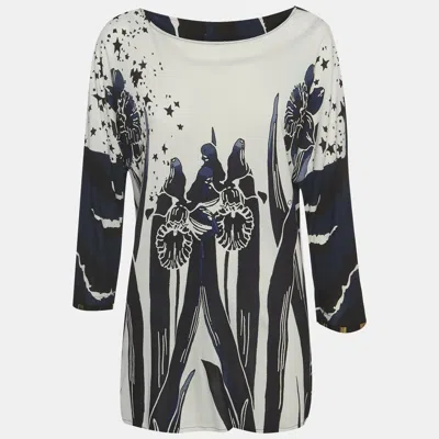 Pre-owned Class By Roberto Cavalli Blue/white Printed Jersey Blouse M In Black