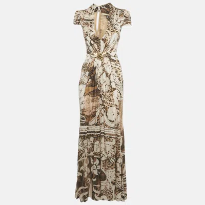 Pre-owned Class By Roberto Cavalli Brown Snakeskin Print Jersey Pleated Maxi Dress S
