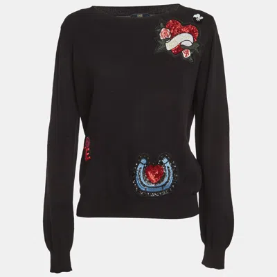 Class By Roberto Cavalli Cavalli Class Black Cotton Knit Embroidered Patch Detail Jumper In Brown