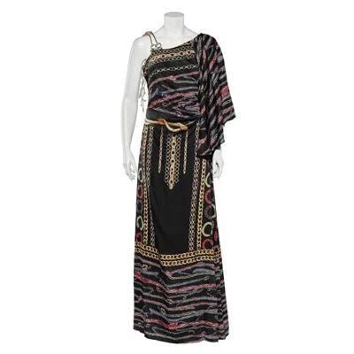 Class By Roberto Cavalli Cavalli Class Black Printed Satin Flared Sleeve Maxi Dress In Multi