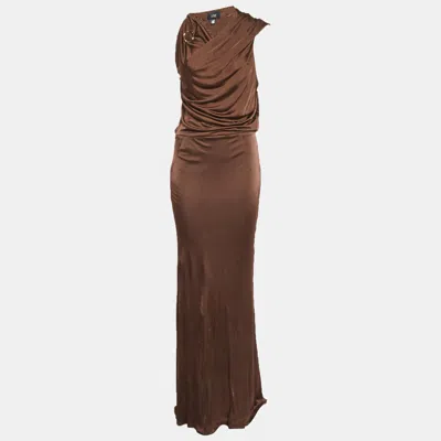 Pre-owned Class By Roberto Cavalli Cavalli Class Brown Jersey Drape Detail Maxi Dress M