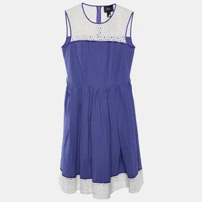 Class By Roberto Cavalli Cavalli Class Purple Seersucker Cotton & Lace Sleeveless Dress In Blue