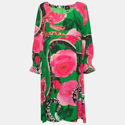 Class By Roberto Cavalli Green Floral Printed Textured Long Sleeve Dress In Multi