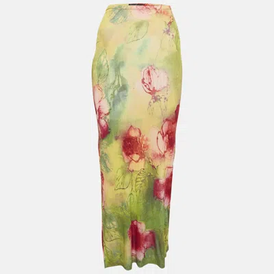 Pre-owned Class By Roberto Cavalli Green/pink Floral Print Jersey Maxi Skirt L