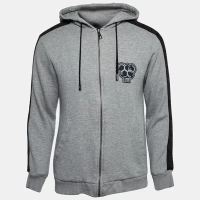 Pre-owned Class By Roberto Cavalli Grey Applique Cotton Zip-up Hoodie L