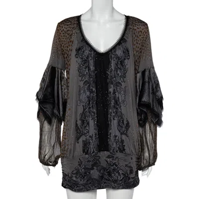 Class By Roberto Cavalli Grey Printed Jersey Overlay Sleeve Detailed Top In Black