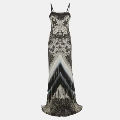 Pre-owned Class By Roberto Cavalli Monochrome Printed Jersey Fringed Maxi Dress M In Black