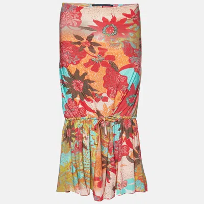 Pre-owned Class By Roberto Cavalli Multicolor Floral Print Jersey Flounce Midi Skirt M