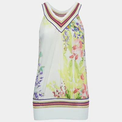 Class By Roberto Cavalli Multicolor Floral Print Silk V-neck Sleeveless Top In White