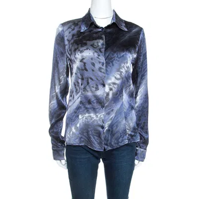 Class By Roberto Cavalli Multicolor Printed Stretch Silk Satin Shirt In Blue