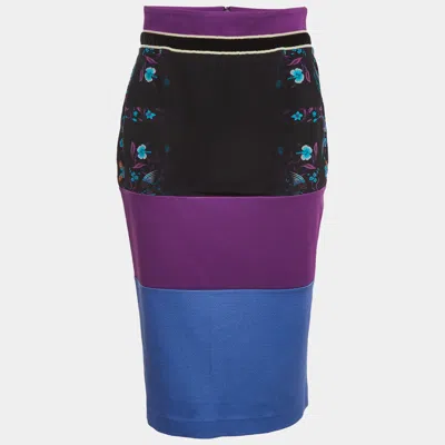 Class By Roberto Cavalli Multicolour Floral Print Jersey And Crepe Knee Length Skirt In Purple