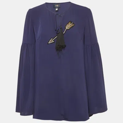 Class By Roberto Cavalli Navy Blue Chiffon Embellished Lace Up Top