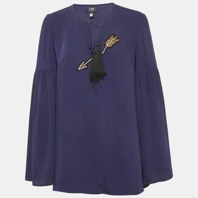 Pre-owned Class By Roberto Cavalli Navy Blue Chiffon Embellished Lace Up Top M
