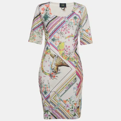 Class By Roberto Cavalli Pink Printed Stretch Knit Short Dress In White