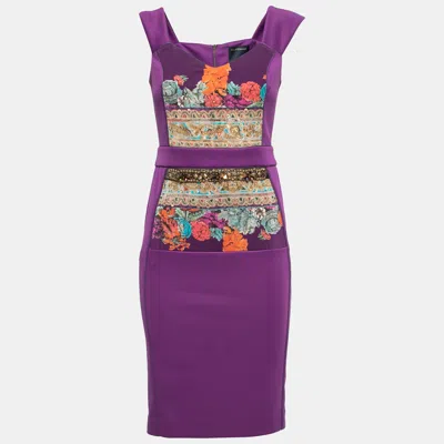 Class By Roberto Cavalli Purple Jersey Floral Applique Beaded Bodycon Dress In Multi