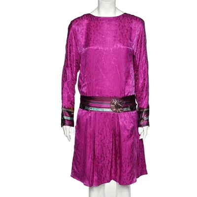 Class By Roberto Cavalli Purple Silk Contrast Waist Tie Detail Dress