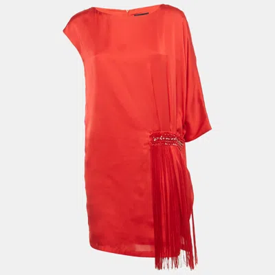 Class By Roberto Cavalli Red Satin Fridge Detail Tunic Mini Dress In Multi