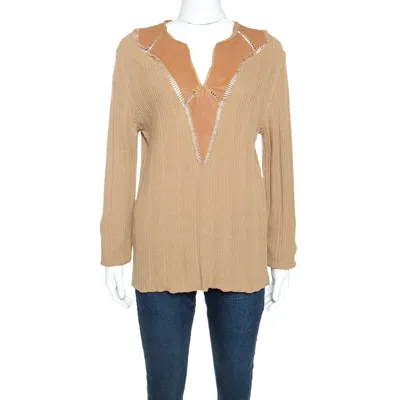 Class By Roberto Cavalli Tan Rib Knit Leather Trim Top In Brown