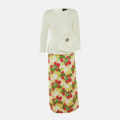 Pre-owned Class By Roberto Cavalli White Crepe & Floral Lace Peplum Maxi Dress M